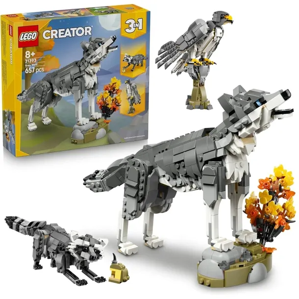 LEGO Creator 3w1 31393 Zwierzęta Leśne Wilk Szary Wilk Sokół Szop 657 el.