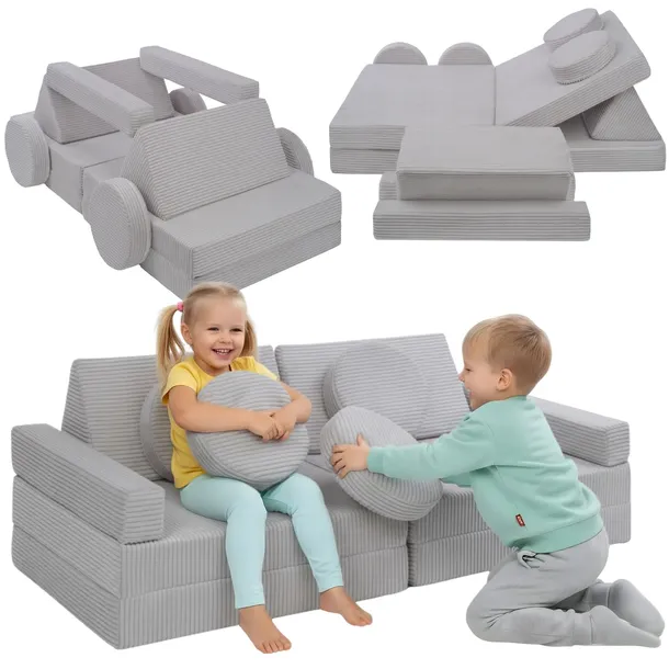 WIELOFUNKCYJNA SOFA MODUŁOWA KLOCKI PIANKOWE DLA DZIECI SZARY SZTRUKS