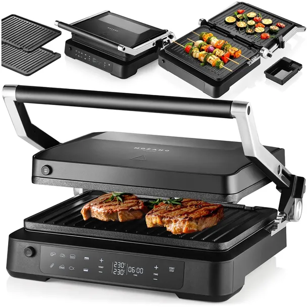 GRILL ELEKTRYCZNY OPIEKACZ ROZKŁADANY 6 PROGRAMÓW 2 TERMOSTATY 2000W TIMER