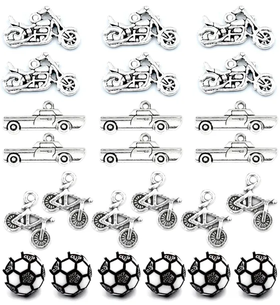 ZAWIESZKI CHARMS POJAZDY MOTOR SAMOCHÓD ROWER PIŁKA WALENTYNKI MIX 24szt