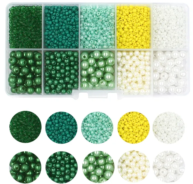 ZESTAW KORALIKI DO BRANSOLETEK PEREŁKI I SZKLANE DROBNE SEEDS ZIELONE ŻÓŁTE