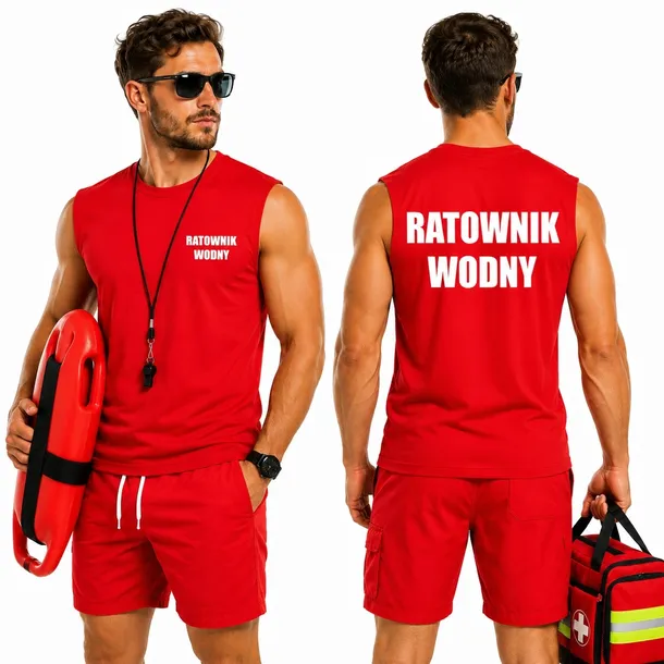 KOSZULKA BEZ RĘKAWÓW RATOWNIK WODNY CZERWONA BAWEŁNA NADRUK PRZÓD I TYŁ M