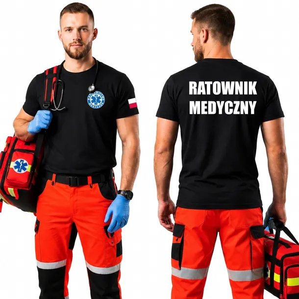 KOSZULKA RATOWNIK MEDYCZNY CZARNA FLAGA POLSKI BAWEŁNA NADRUK PRZÓD TYŁ 3XL