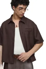 boohooman-meska-koszula-casual-krotki-rekaw-brazowa-z-kieszeniami-l-z3a