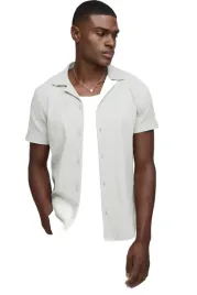boohooman-meska-koszula-casual-krotki-rekaw-kolnierzyk-bezowa-m-z3a