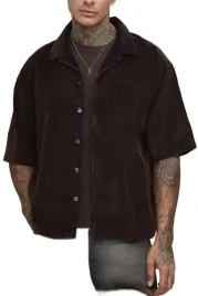 boohooman-meska-koszula-casual-krotki-rekaw-brazowa-sztruks-xl-z3a