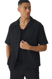 boohooman-czarna-koszula-meska-casual-krotki-rekaw-paski-l-z3a