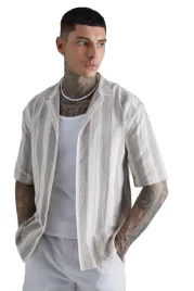 boohooman-meska-koszula-elegancka-slim-bezowe-paski-krotki-rekaw-m-z3a