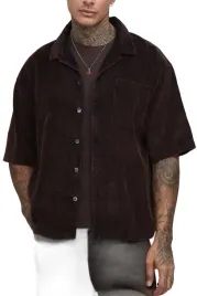 boohooman-meska-koszula-casual-krotki-rekaw-brazowa-sztruks-m-z3a