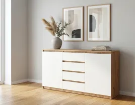 nowoczesna-komoda-150-cm-szuflady-polki-bezuchwytowa-dab-artisan-bialy