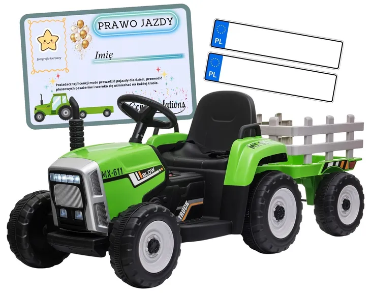 TRAKTOR na akumulator z przyczepką LED muzyka PREZENT dla dziecka zielony