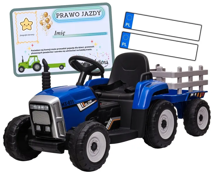 TRAKTOR na akumulator z przyczepką LED muzyka PREZENT dla dziecka niebieski