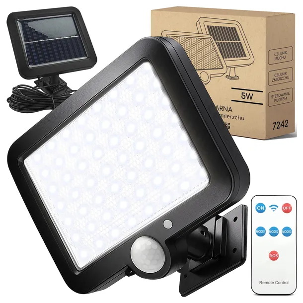 Lampa Solarna LED Czujnik Ruchu Zmierzchu Naświetlacz Zewnętrzny PIR Pilot