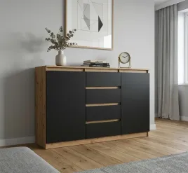 nowoczesna-komoda-150-cm-szuflady-polki-bezuchwytowa-dab-artisan-czarny-mat