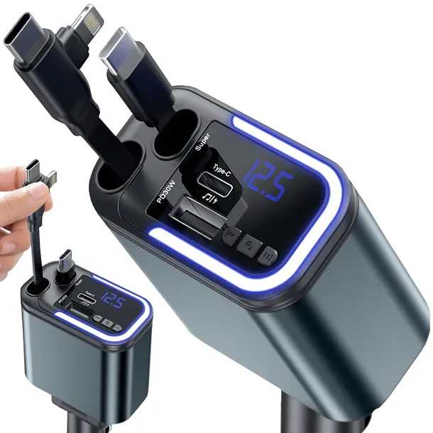 TRANSMITER FM BLUETOOTH ŁADOWARKA USB PD 120W 3w1 ZWIJANY KABEL 12V / 24V