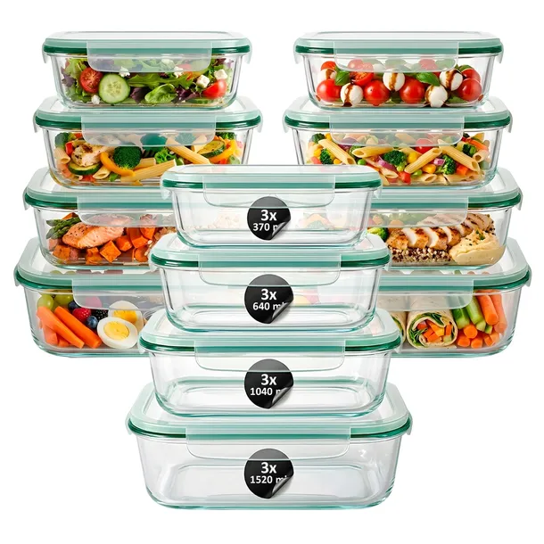 12x Szklane pojemniki na żywność +400 st żaroodporne 1,5L - 0,37L lunchbox