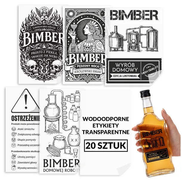 20x Etykiety na bimber wódkę wodoodporne na butelkę NAKLEJKI NA BIMBER