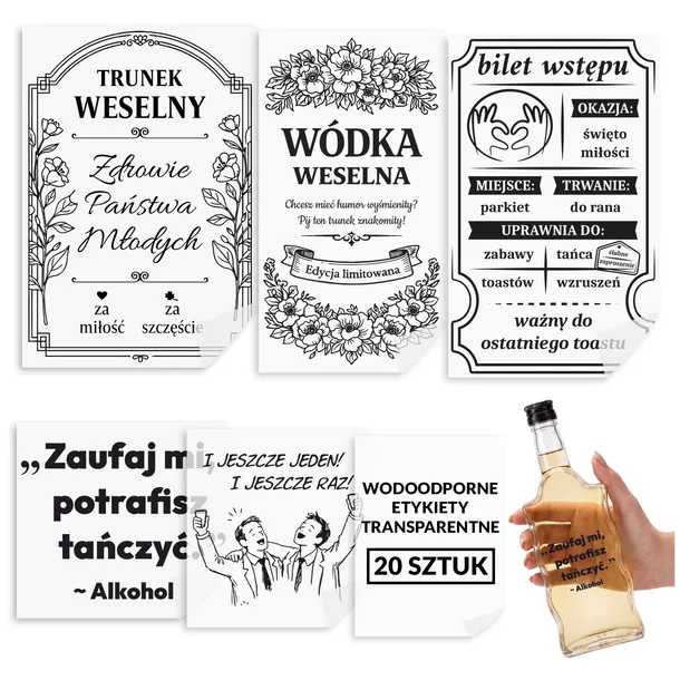 20x Naklejki weselne na wódkę ślubne ETYKIETY wodoodporne na butelki