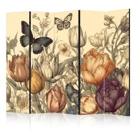 parawan-dwustronny-pokojowy-5-czesci-polne-tulipany-motyle-retro-225x172