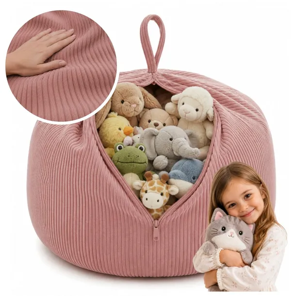 Torba Pokrowiec Worek na Zabawki Pluszaki Pufa Dziecięca 80x80x50cm Różowa