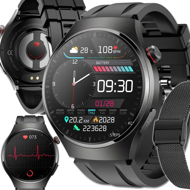 2 PASKI+PREMIUM SMARTWATCH GT4 PRO POMIAR CUKRU GLUKOZA TEMPERATURA -CZARNY