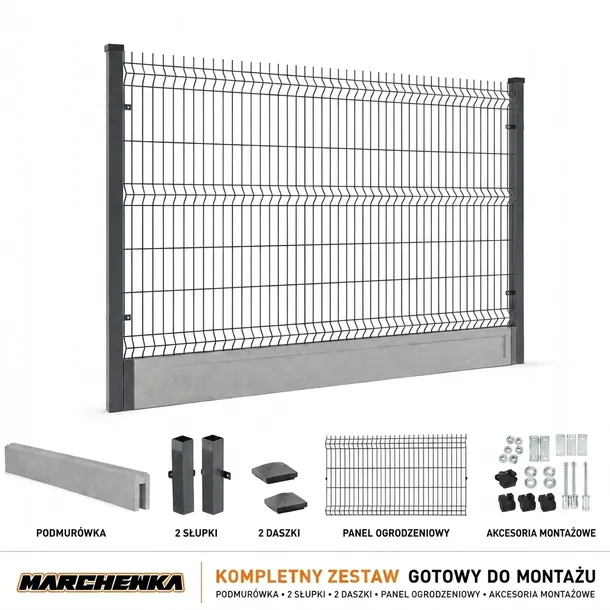 Panel ogrodzeniowy 3D metalowy 173x250 zestaw podmurówka drut 4mm antracyt