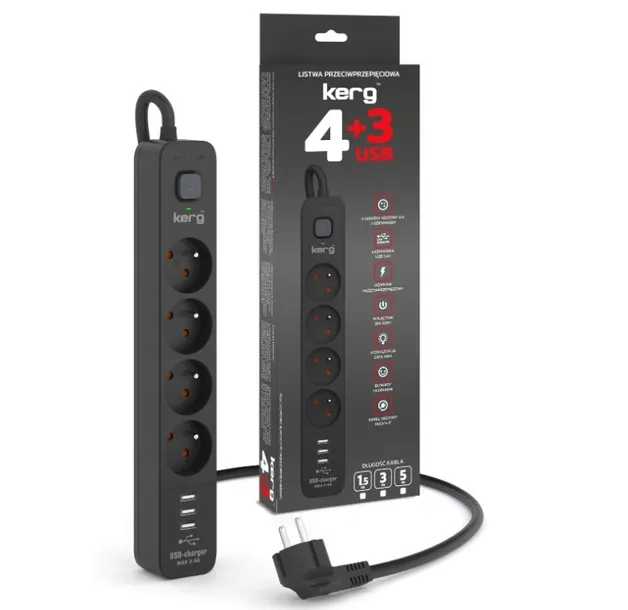 LISTWA PRZECIWPRZEPIĘCIOWA ZASILAJĄCA 4 GNIAZDA 3x USB PRZEDŁUŻACZ Kerg