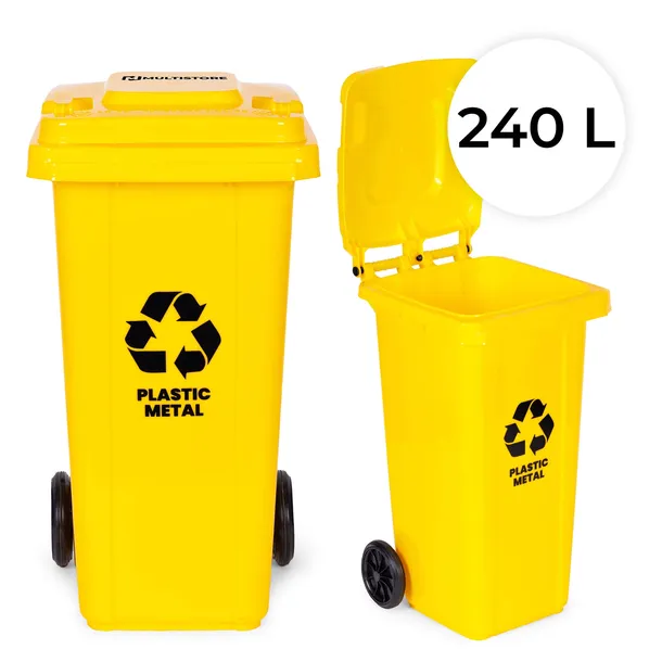 KOSZ NA ŚMIECI 240L DUŻY KUBEŁ ŚMIETNIK GUMOWE KOŁA ŻÓŁTY PLASTIK