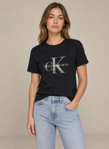 Calvin Klein koszulka damska czarna z logo i nadrukiem, okrągły dekolt, bawełna rozmiar XL | Idealne na lato!