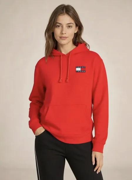 Tommy Jeans bluza damska czerwona z haftowanym logo, z kapturem i długim rękawem rozmiar M | Idealne na jesień!
