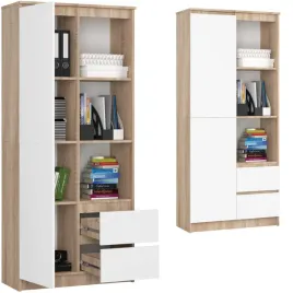 regal-biurowy-dab-sonoma-bialy-80cm-2-szuflady-7-polek-na-ksiazki-dokumenty