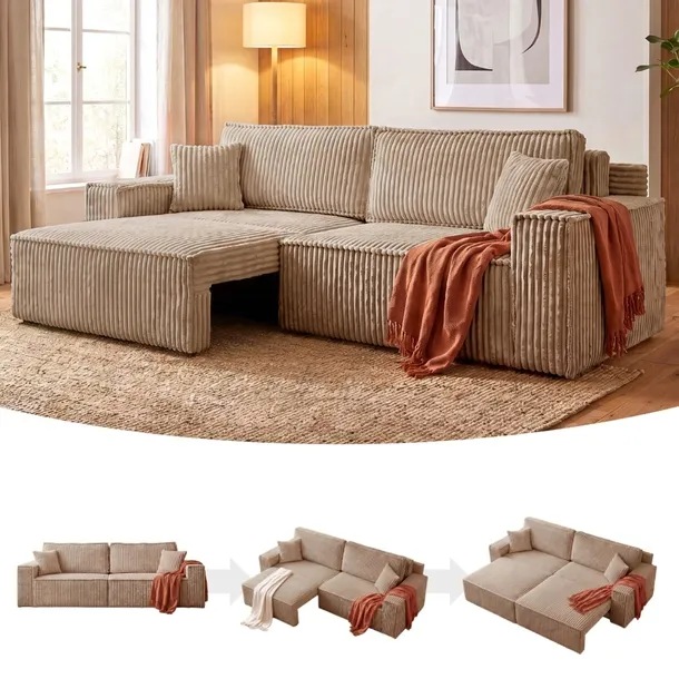 Sztruksowa kanapa BELIO sofa z funkcją spania i pojemnikiem narożnik salon