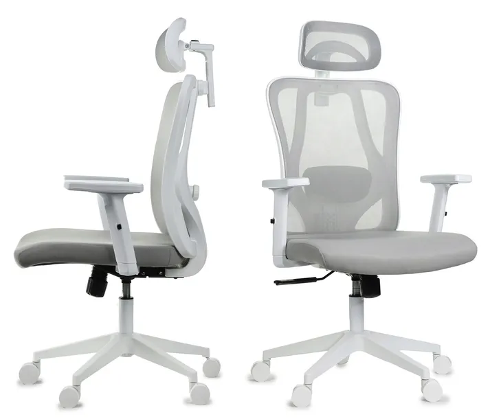 Ergonomiczny szary biały fotel biurowy FXB002 regulowane podłokietniki BHP