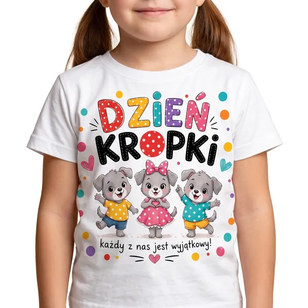 Koszulka dziecięca Dzień Kropki pieski przedszkole biały 98/104