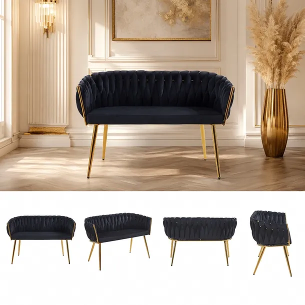 Sofa pleciona glamour dwuosobowa do recepcji czarna welurowa złota ROSA
