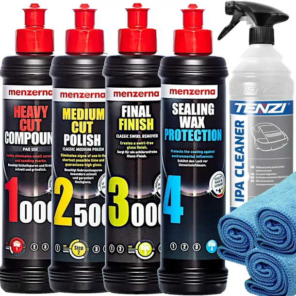 ZESTAW 4 ETAPY PASTA POLERSKA MENZERNA +WOSK +TENZI IPA 1L DO LAKIERU AUTA
