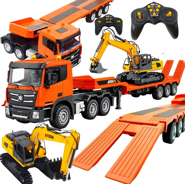 CIĘŻARÓWKA HUINA ZESTAW LAWETA Z KOPARKĄ NACZEPA TIR AUTO R/C 1:18 LED 8+