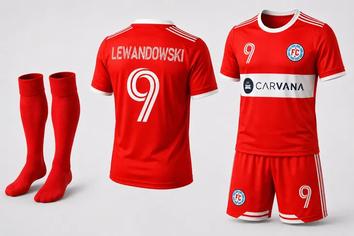 STRÓJ PIŁKARSKI - KOSZULKA SPODENKI GETRY - LEWANDOWSKI CHICAGO FIRE rozm. 116 cm