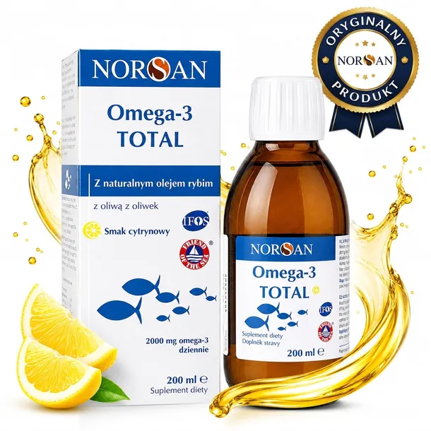 Norsan Omega-3 Total płynny olej rybny z witaminą D o smaku cytrynowym