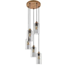 elegancka-lampa-wiszaca-do-salonu-piec-kloszy-drewno-stylowe