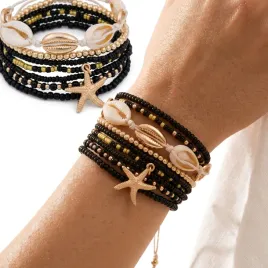 bransoletka-damska-boho-muszle-koraliki-rozgwiazda-czarna-na-lato