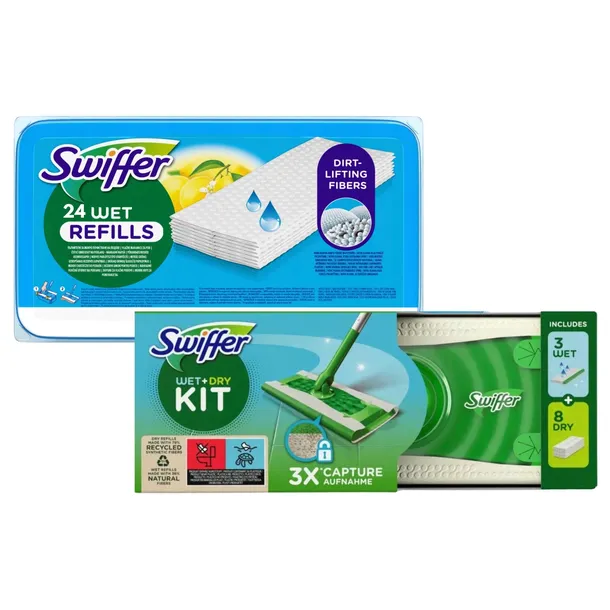 Swiffer Dry + Wet Kit mop + 8 suchych i 27 mokre chusteczki do kurzu
