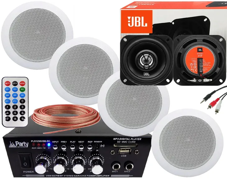 JBL SUFITOWY ZESTAW NAGŁOŚNIENIA 4 GŁOŚNIKI WZMACNIACZ BLUETOOTH RADIO