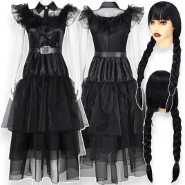 stroj-kostium-wednesday-addams-rozmiar-m-120-130-cm-peruka-z-warkocza