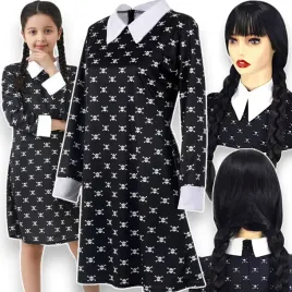 stroj-kostium-wednesday-addams-rozmiar-s-110-115-cm-peruka-z-warkocza
