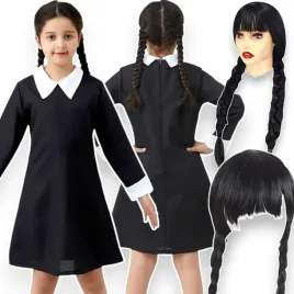 stroj-kostium-wednesday-addams-rozmiar-s-110-115-cm-peruka-z-warkocza
