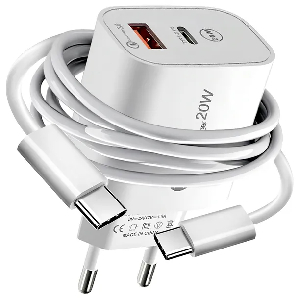 ZESTAW | SZYBKA ŁADOWARKA SIECIOWA USB TYPE-C + KABEL TYPE C | PD20W 3000mA