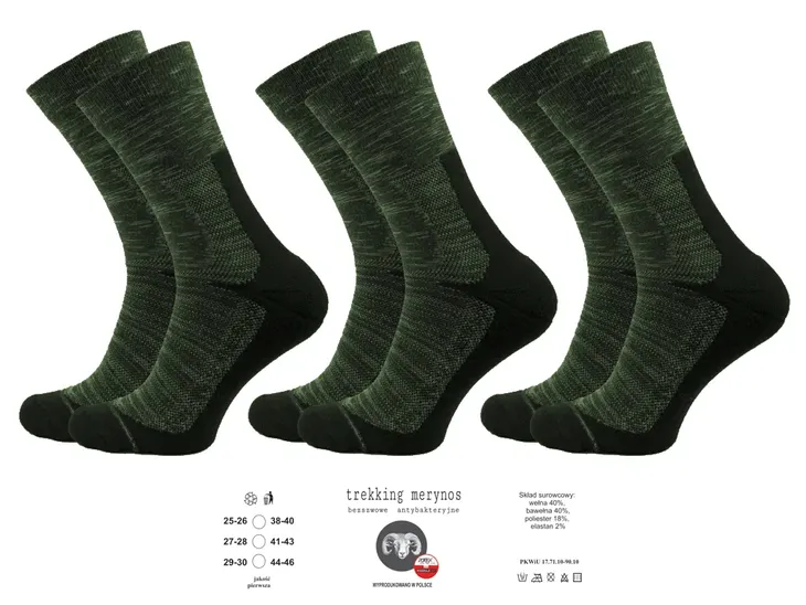 3x Wojskowe wełniane skarpety trekkingowe Merynos półfrotte khaki 41-43