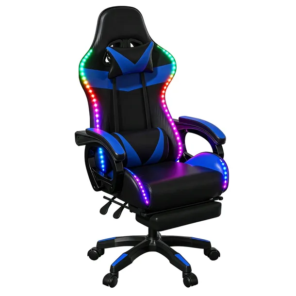 Fotel Gamingowy Obrotowy LED RGB Obrotowy Masaż Podnóżek Czarno-Niebieski
