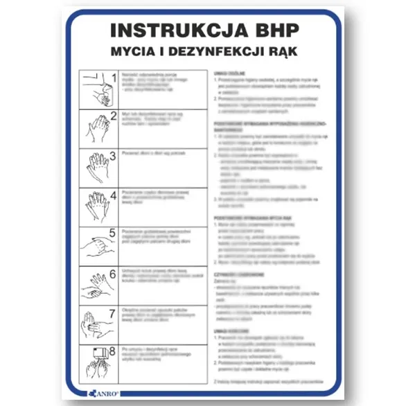 INSTRUKCJA MYCIA I DEZYNFEKCJI RĄK tabliczka BHP